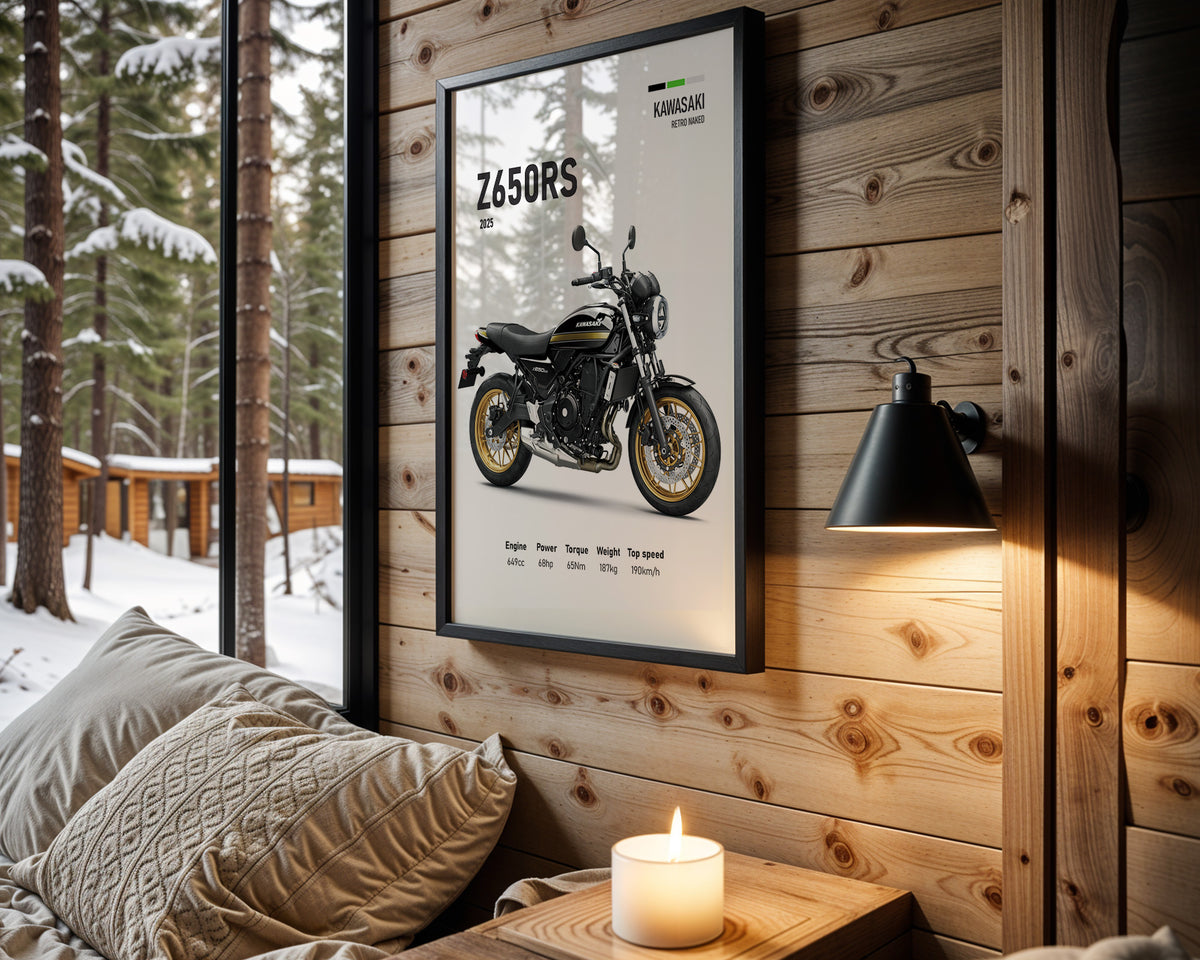 Kawasaki Z650RS Black Gold motorcycle wall art in a black frame