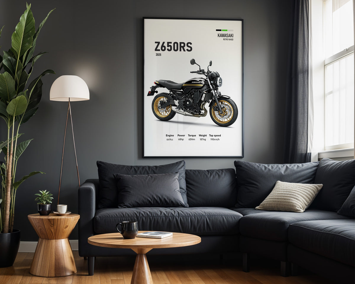 Kawasaki Z650RS Black Gold framed poster displayed in a modern interior