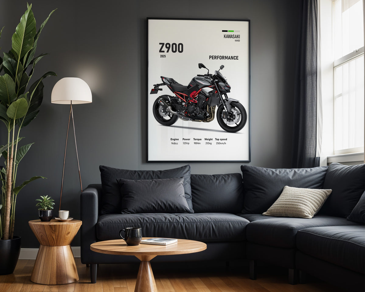 Kawasaki Z900 Performance 2025 framed poster displayed in a modern interior