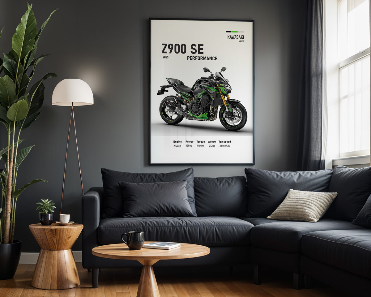 Kawasaki Z900 SE Performance 2025 framed poster displayed in a modern interior
