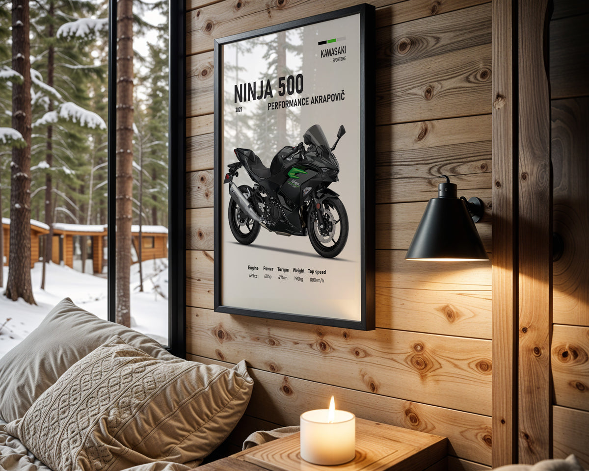 Kawasaki Ninja 500 Performance Akrapovič motorcycle wall art in a black frame