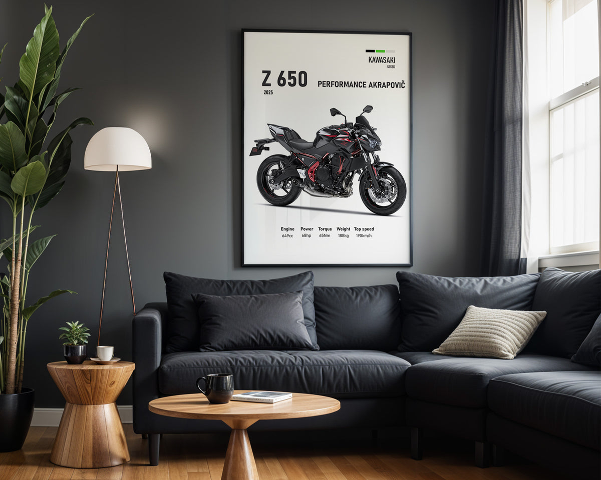 Kawasaki Z650 Performance Akrapovič framed poster displayed in a modern interior