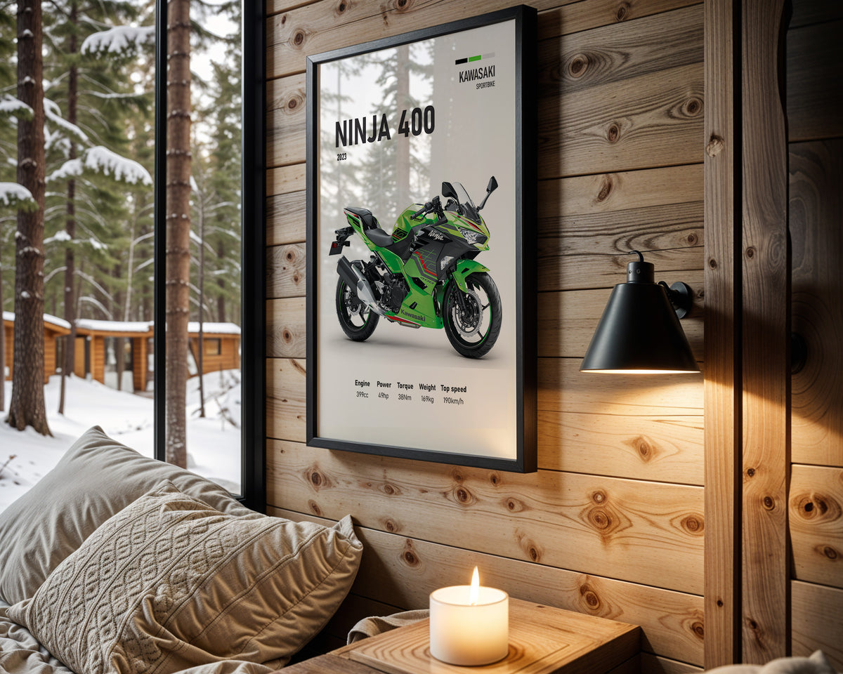 Kawasaki Ninja 400 motorcycle wall art in a black frame
