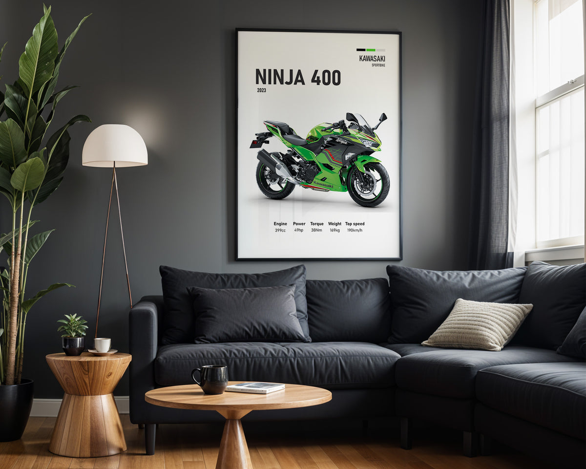 Kawasaki Ninja 400 framed poster displayed in a modern interior
