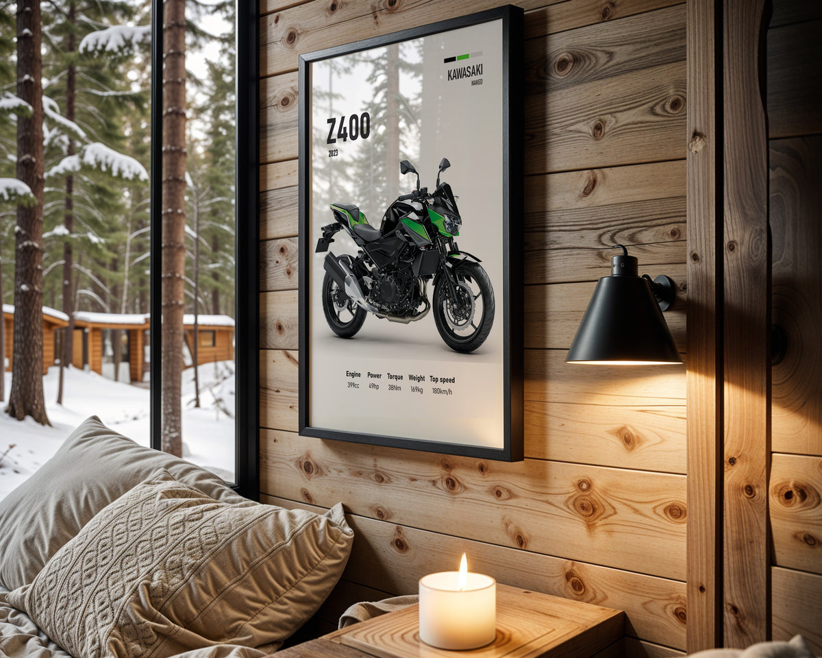 Kawasaki Z400 motorcycle wall art in a black frame