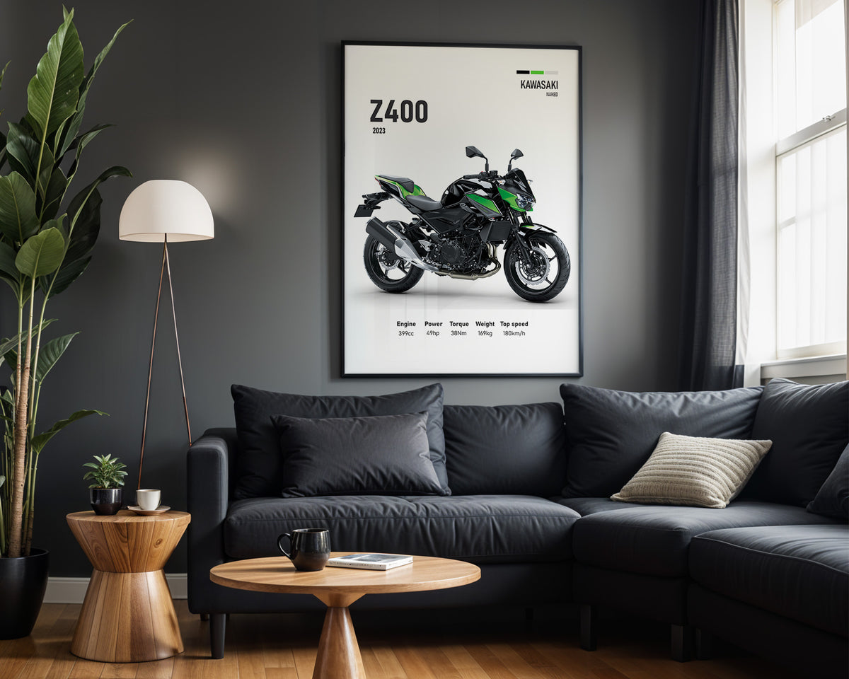 Kawasaki Z400 framed poster displayed in a modern interior