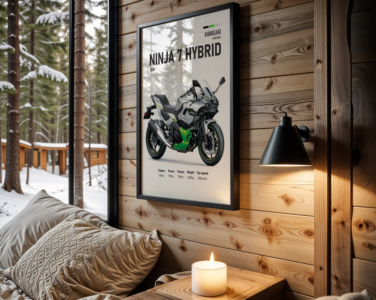 Kawasaki Ninja 7 Hybrid motorcycle wall art in a black frame