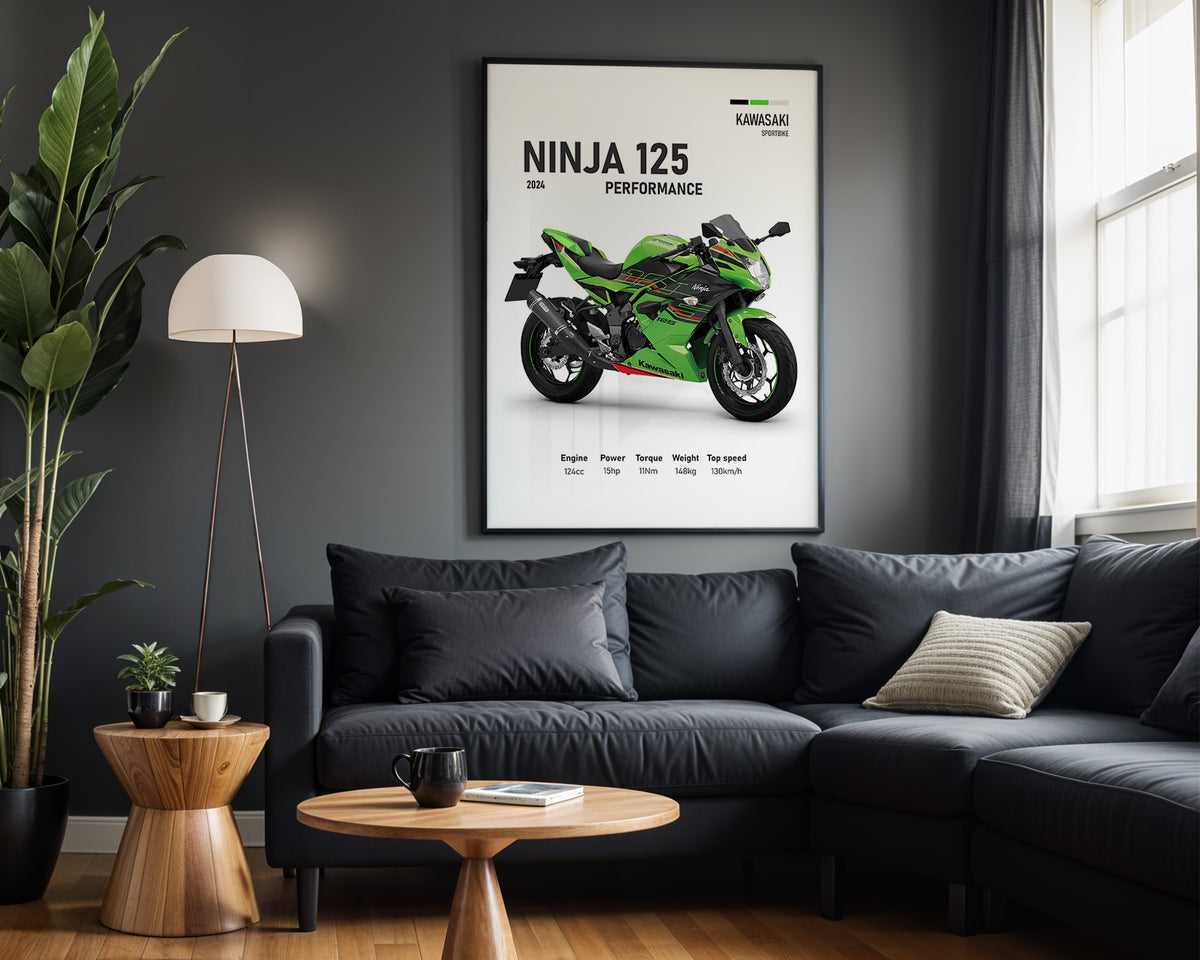 Kawasaki Ninja 125 Performance framed poster displayed in a modern interior