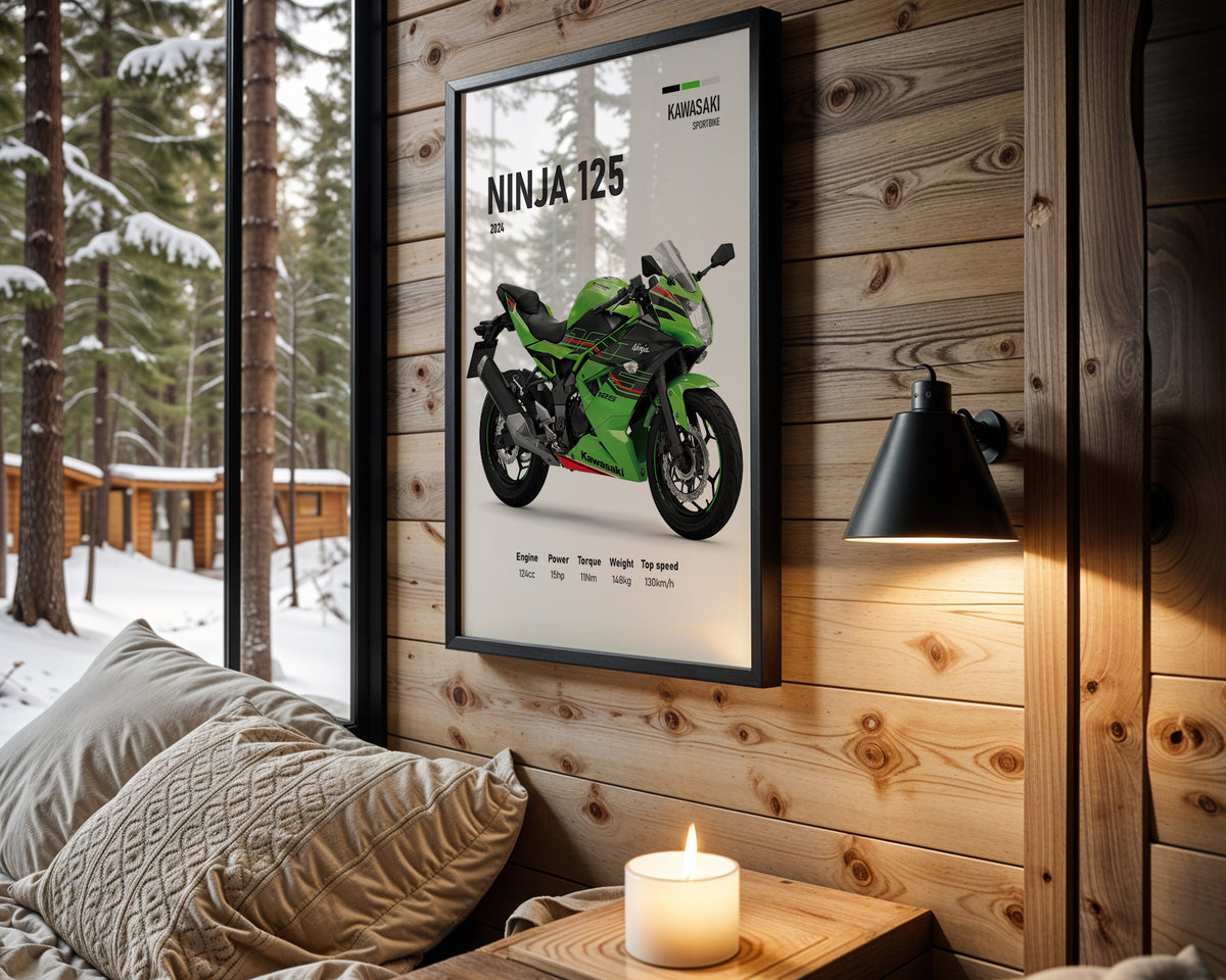 Kawasaki Ninja 125 motorcycle wall art in a black frame