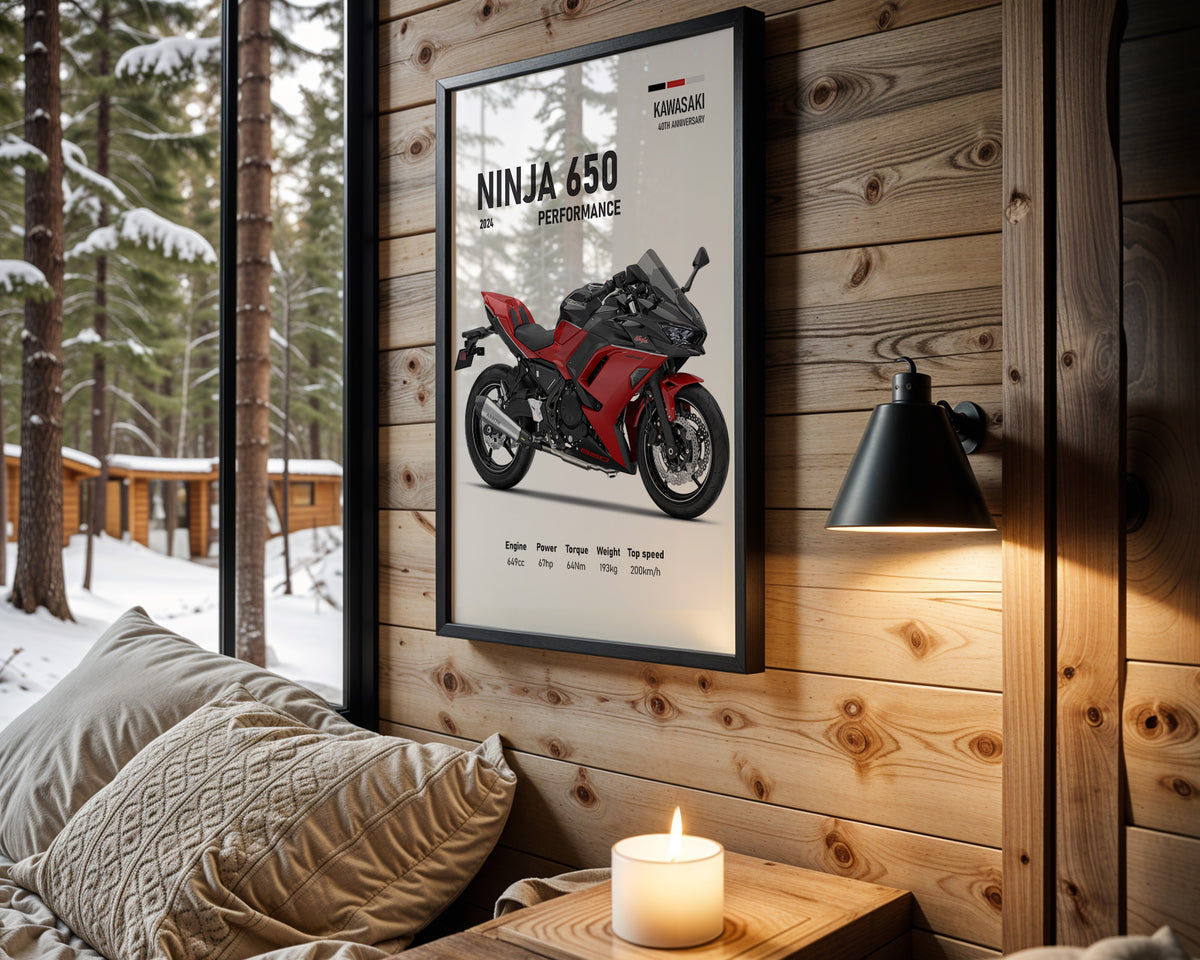 Kawasaki Ninja 650 Performance Red motorcycle wall art in a black frame