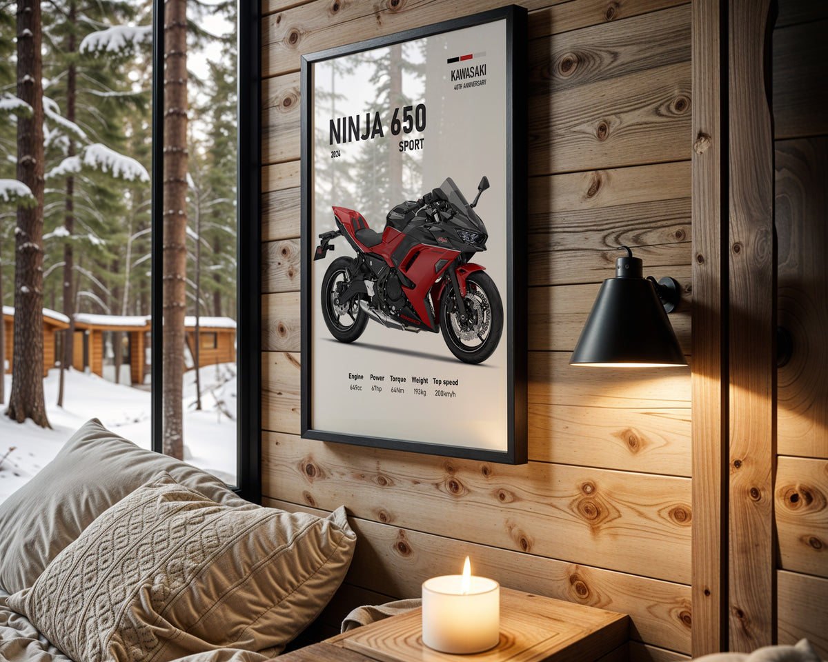 Kawasaki Ninja 650 Sport Red motorcycle wall art in a black frame