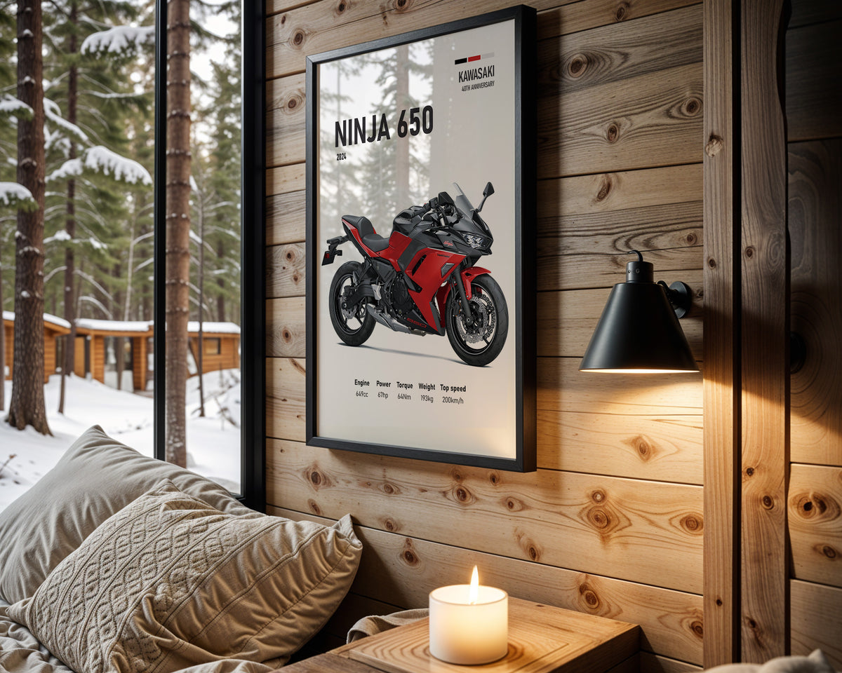 Kawasaki Ninja 650 Red motorcycle wall art in a black frame