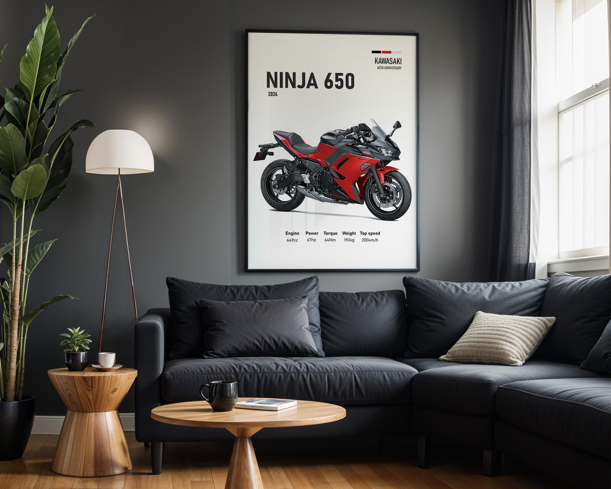 Kawasaki Ninja 650 Red framed poster displayed in a modern interior