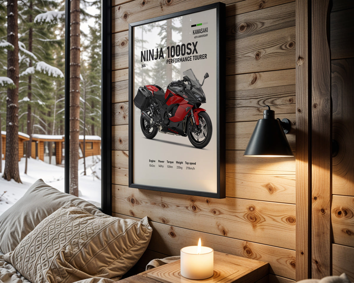 Kawasaki Ninja 1000SX Performance Tourer Red motorcycle wall art in a black frame