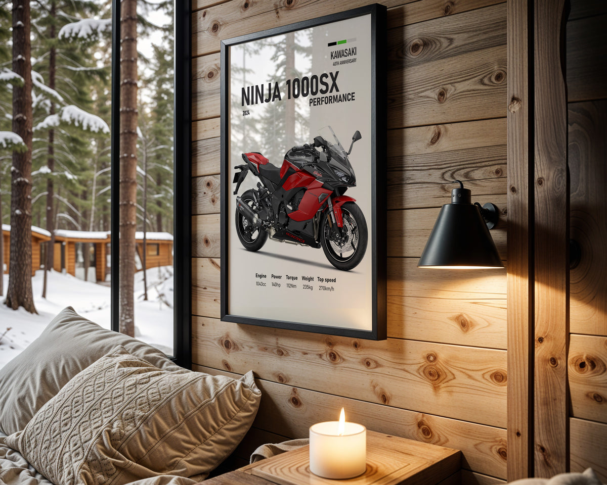 Kawasaki Ninja 1000SX Performance Red motorcycle wall art in a black frame