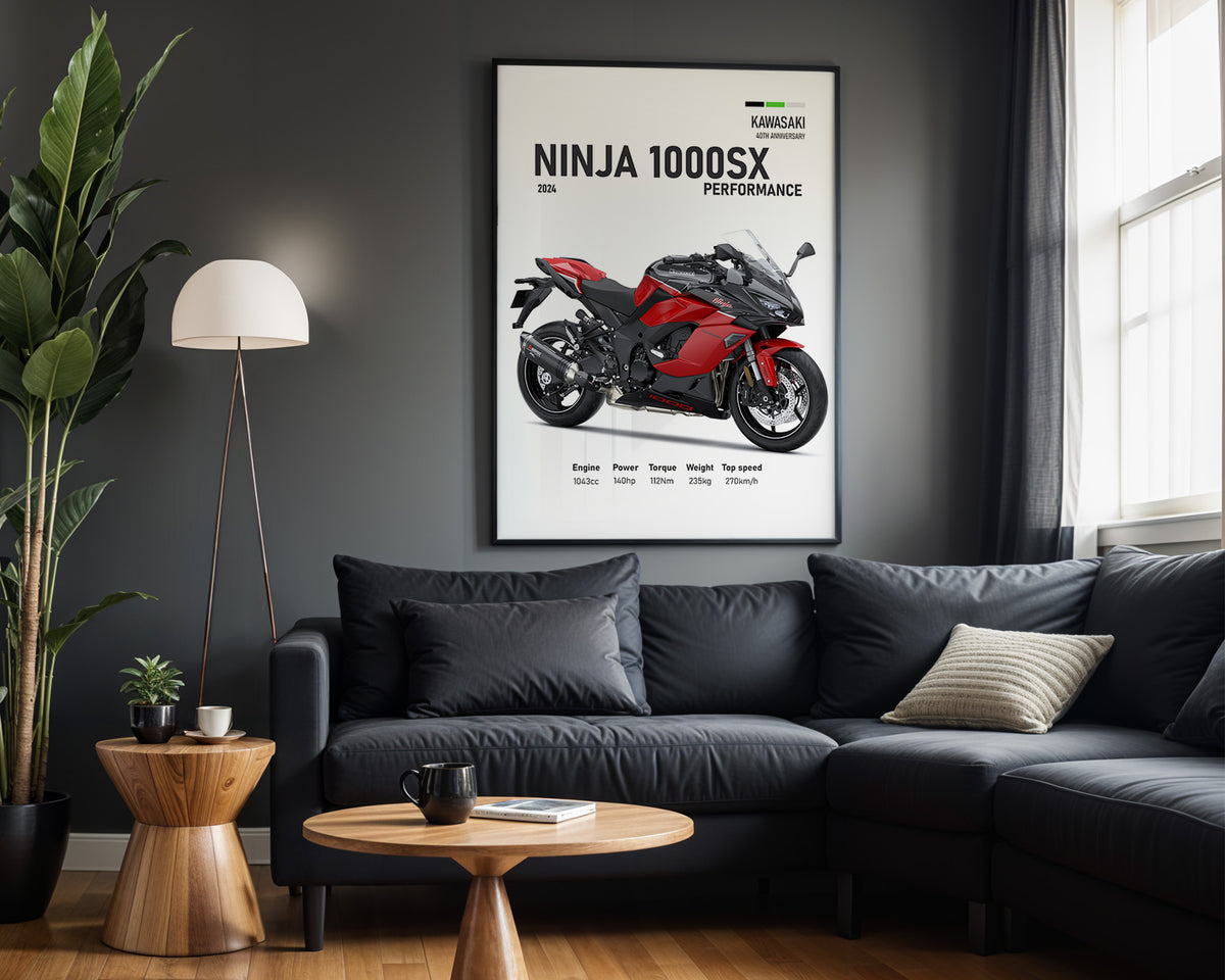 Kawasaki Ninja 1000SX Performance Red framed poster displayed in a modern interior