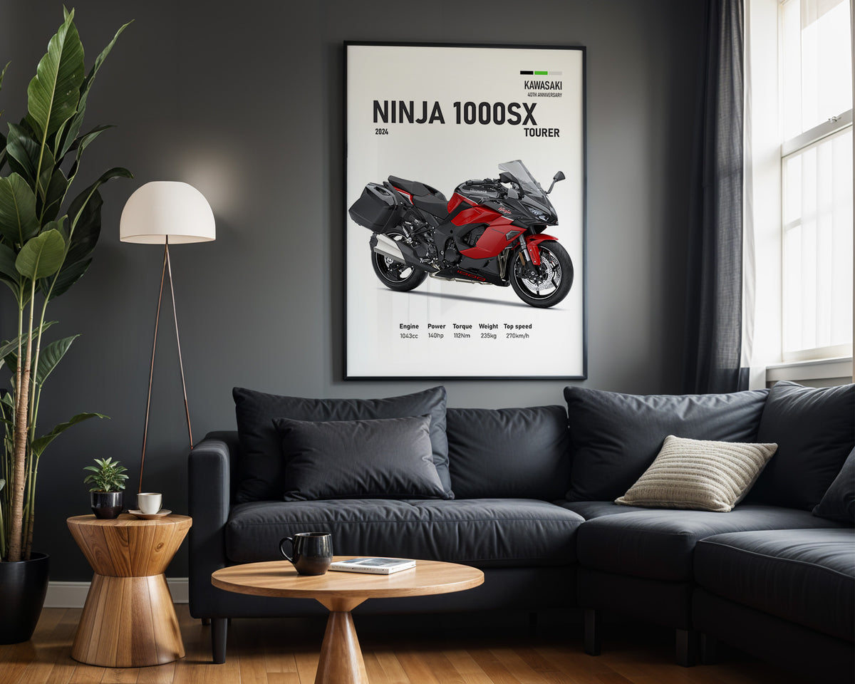 Kawasaki Ninja 1000SX Tourer Red framed poster displayed in a modern interior