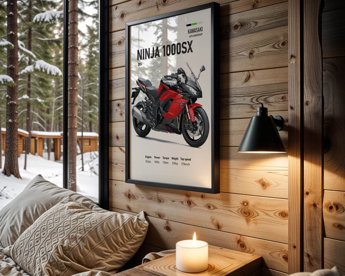 Kawasaki Ninja 1000SX Red motorcycle wall art in a black frame