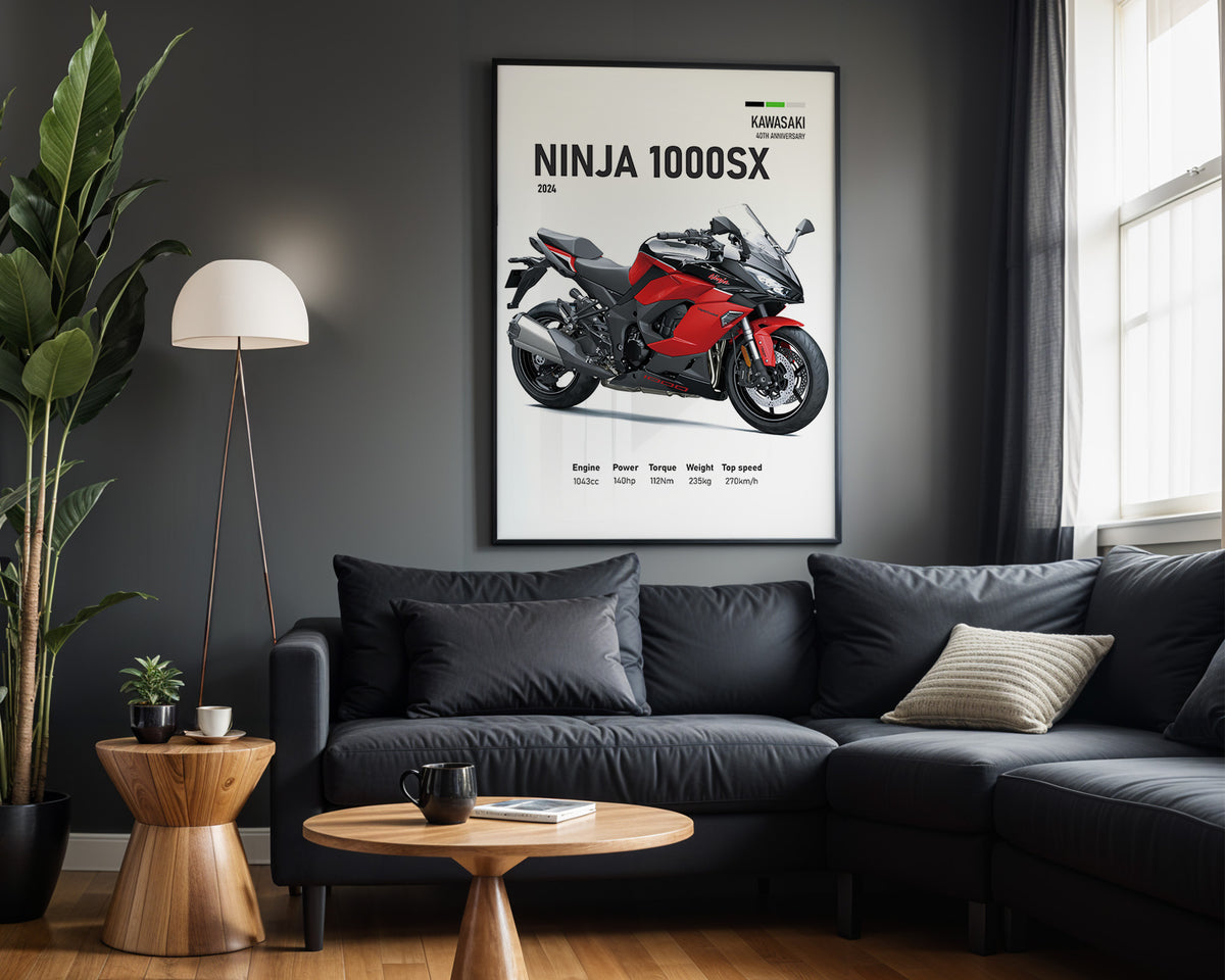 Kawasaki Ninja 1000SX Red framed poster displayed in a modern interior