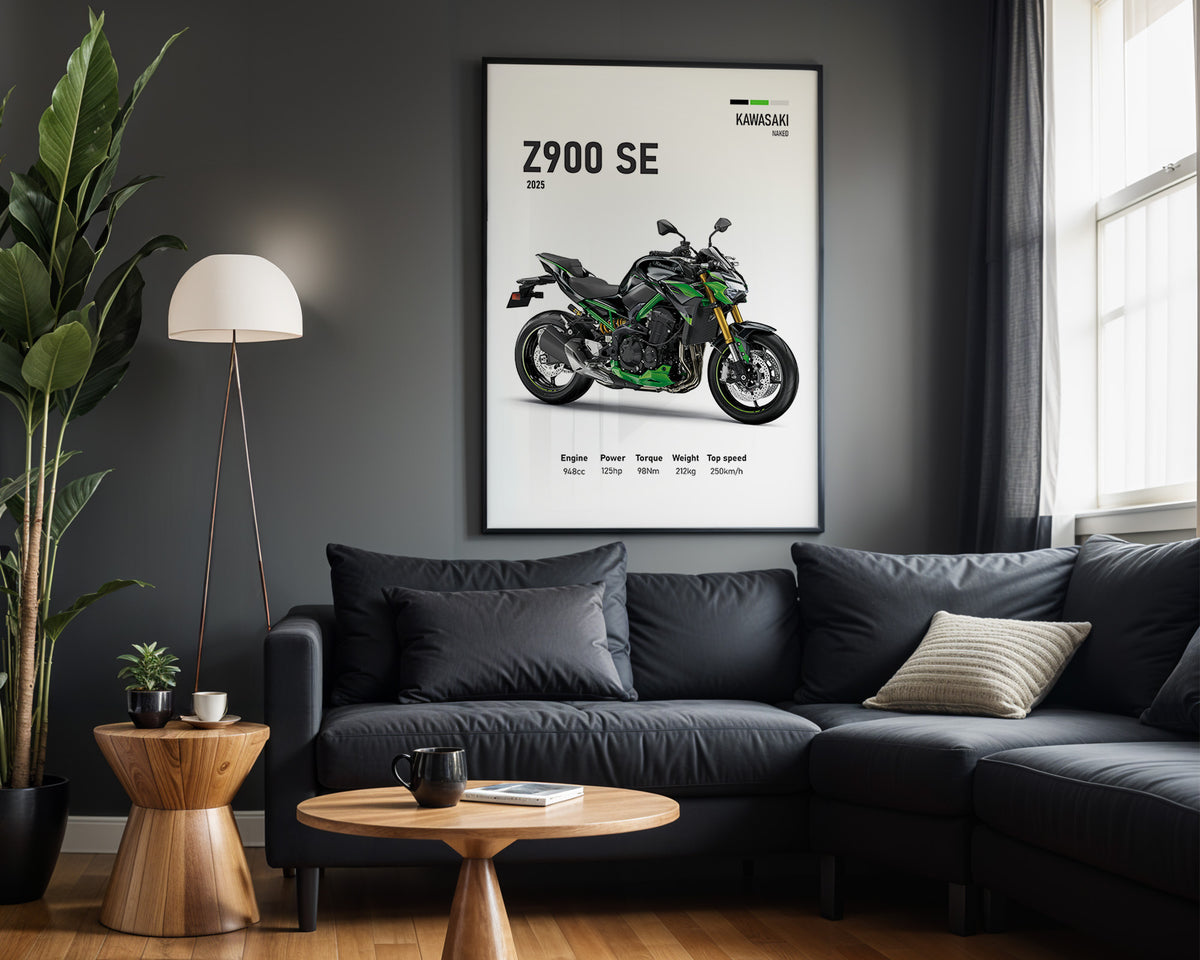 Kawasaki Z900 SE 2025 framed poster displayed in a modern interior