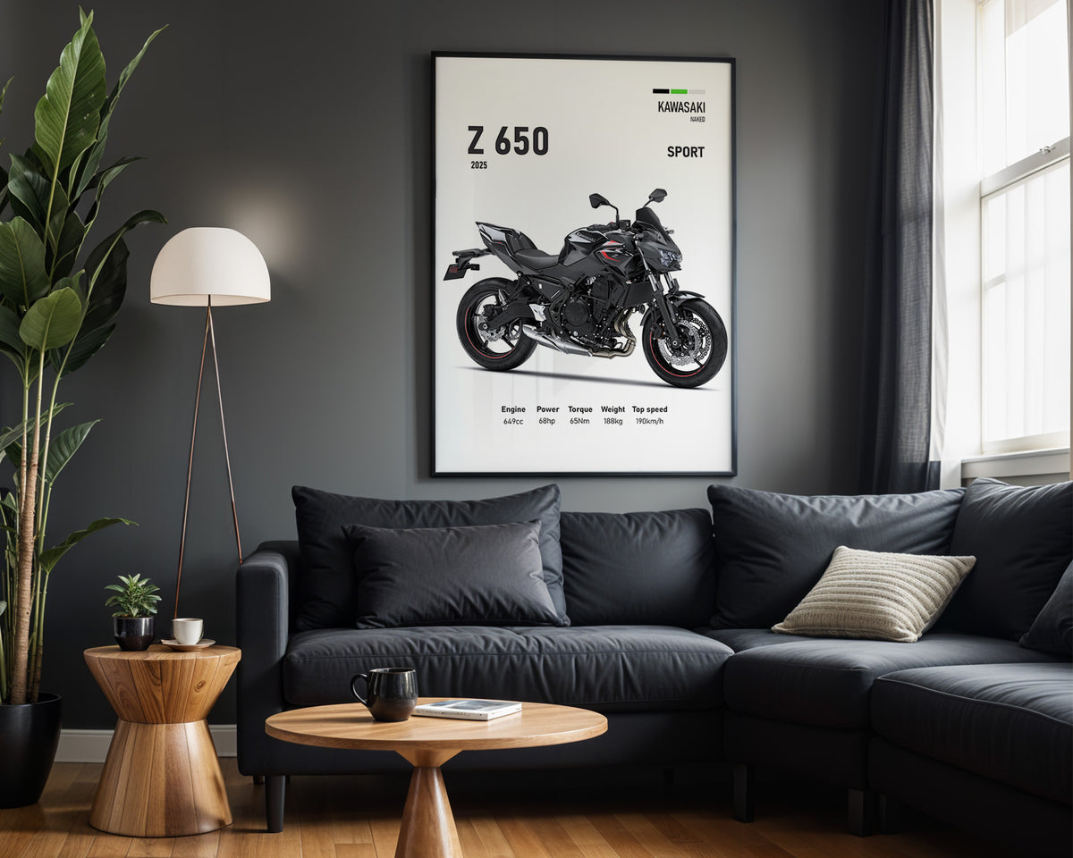 Kawasaki Z650 Sport framed poster displayed in a modern interior