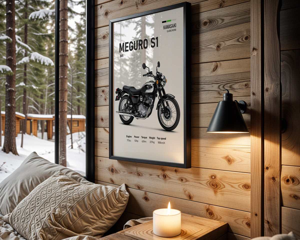 Kawasaki Meguro S1 motorcycle wall art in a black frame