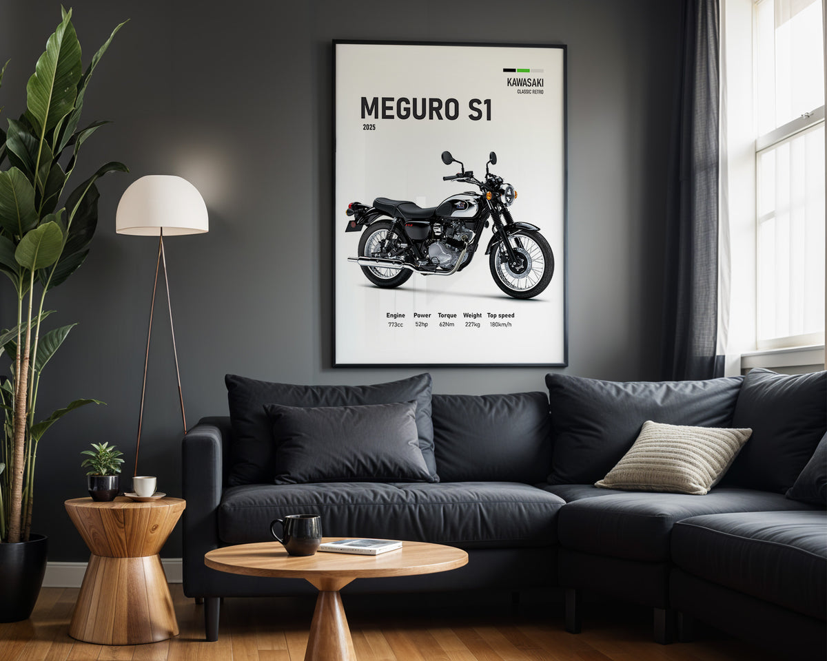 Kawasaki Meguro S1 framed poster displayed in a modern interior