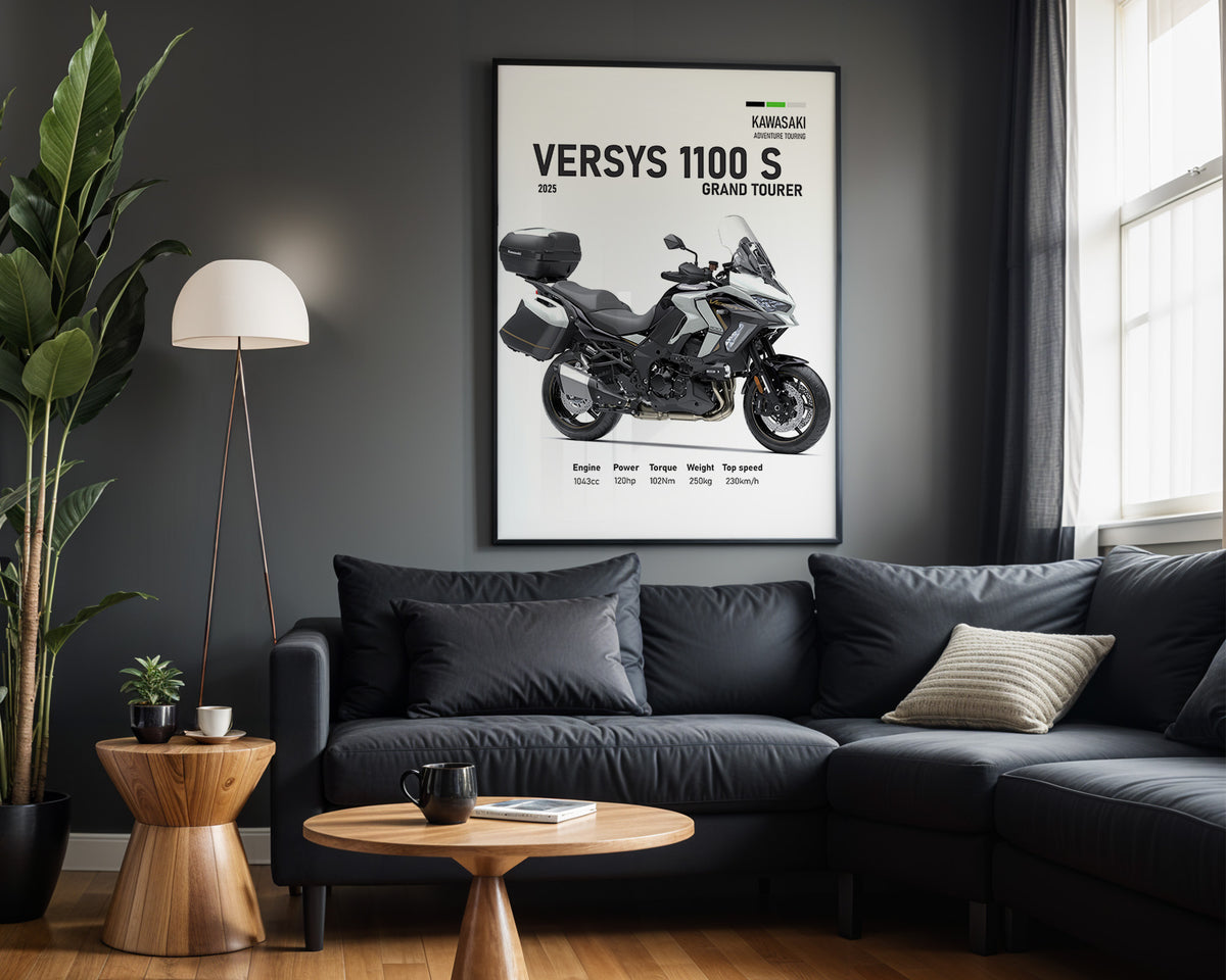 Kawasaki Versys 1100 S Grand Tourer framed poster displayed in a modern interior