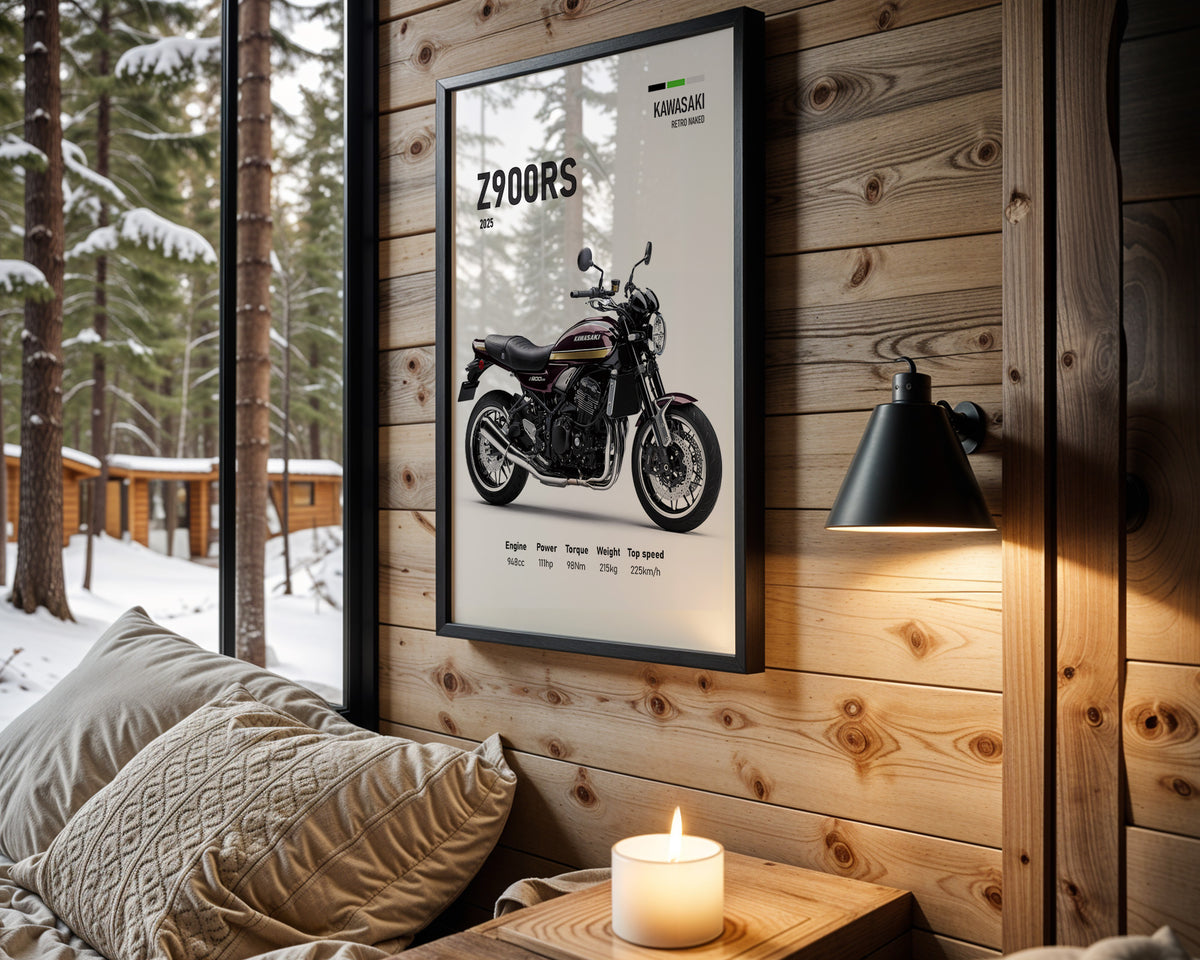Kawasaki Z900RS Red motorcycle wall art in a black frame