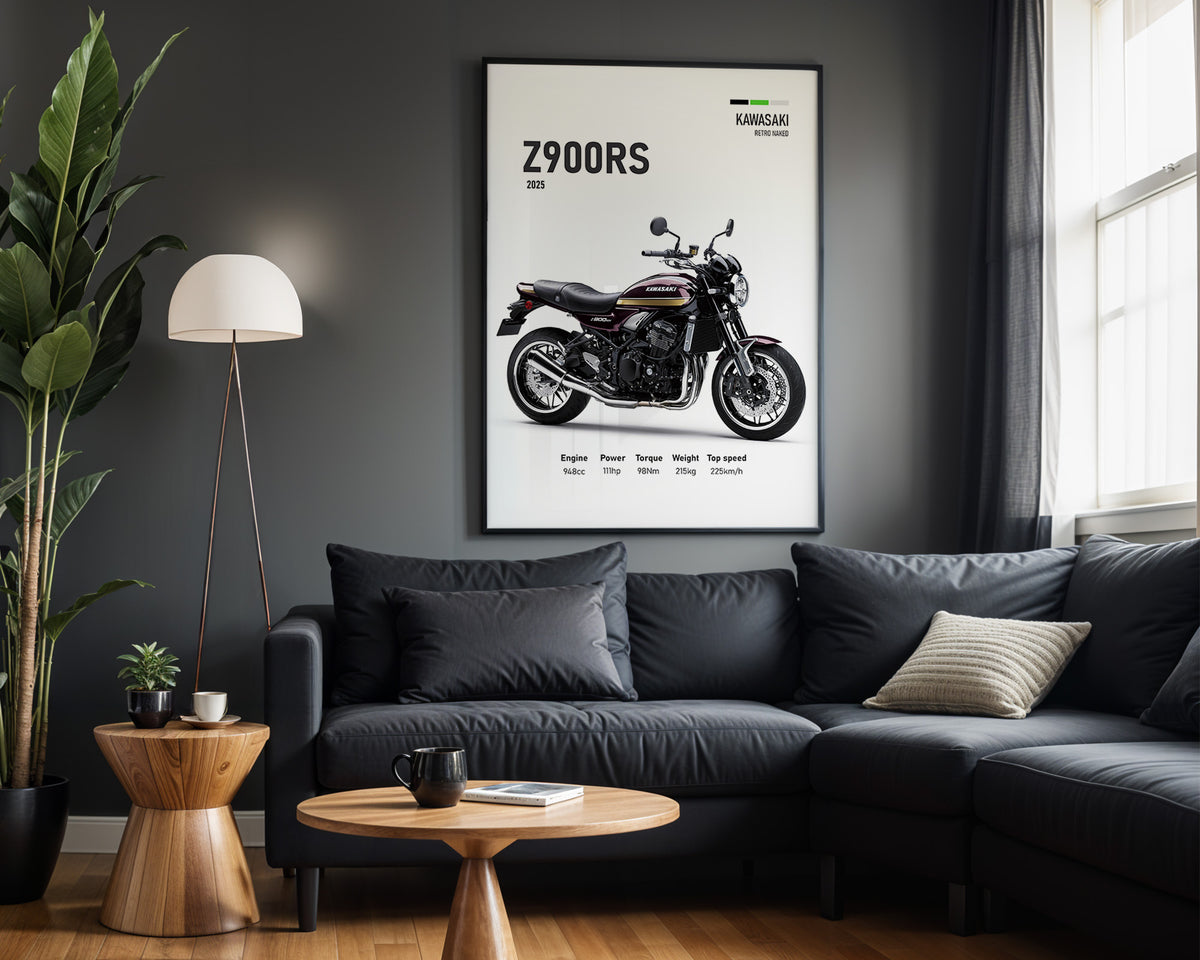 Kawasaki Z900RS Red framed poster displayed in a modern interior
