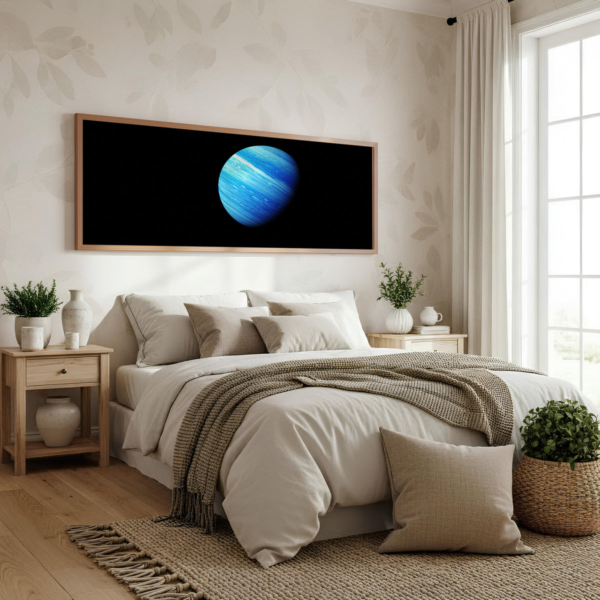 Blue Planet Panoramic Wall Art shown in a bedroom