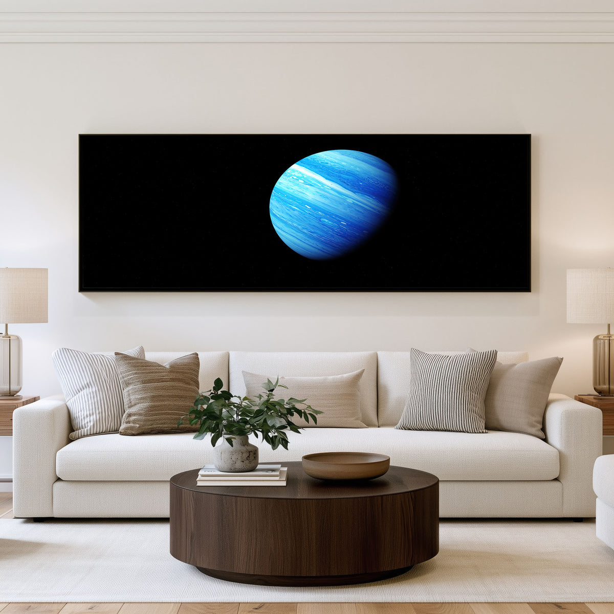 Blue Planet Panoramic Wall Art shown in a living room