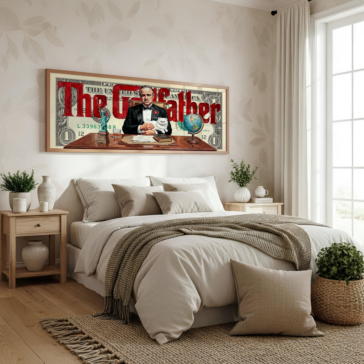 Boss Money Panoramic Wall Art shown in a bedroom
