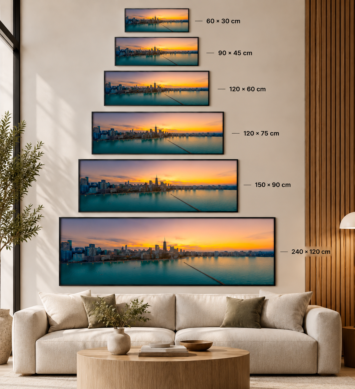 Big Print Energy panoramic wall art size guide showing 60 x 30 cm through 240 x 120 cm