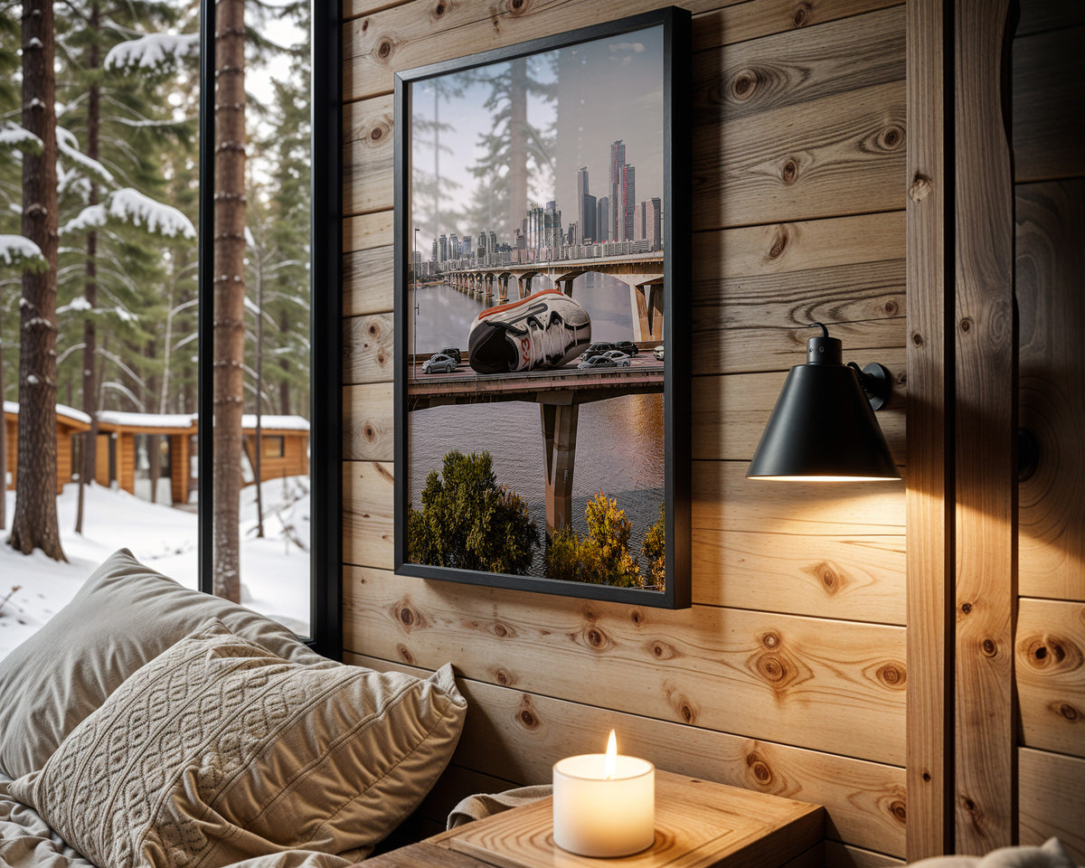 Bridge Runner sneaker wall art in cabin interior