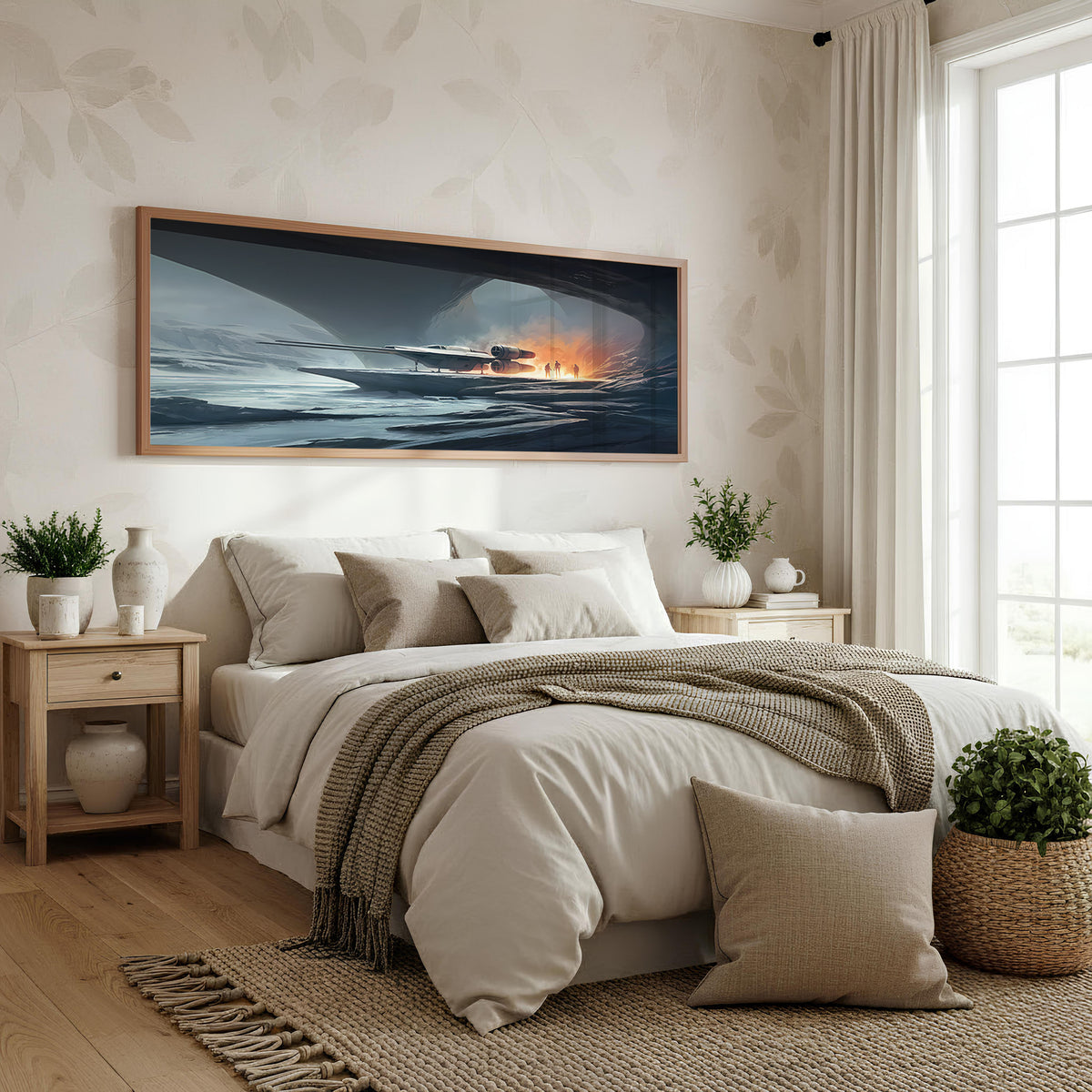 Burning Horizon Panoramic Wall Art shown in a bedroom