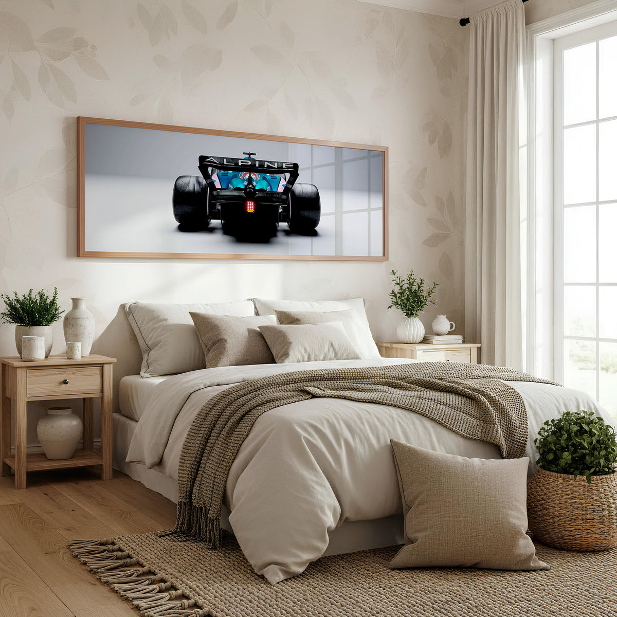 Carbon Panoramic Formula 1 Wall Art shown in a bedroom