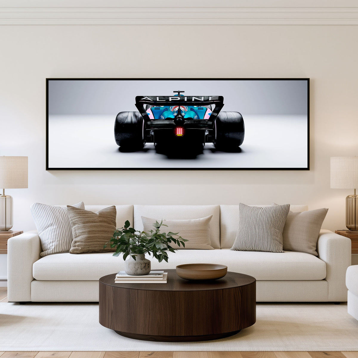 Carbon Panoramic Formula 1 Wall Art shown in a living room