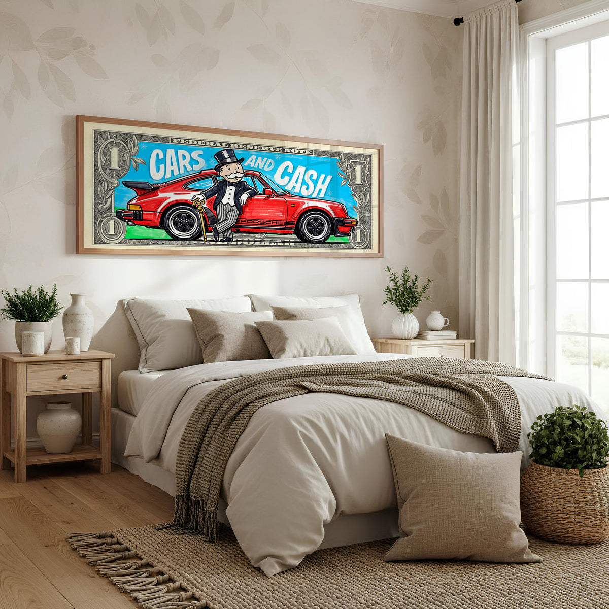 Cars and Cash Panoramic Wall Art shown in a bedroom