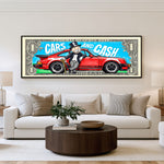 Cars and Cash Panoramic Wall Art shown in a living room