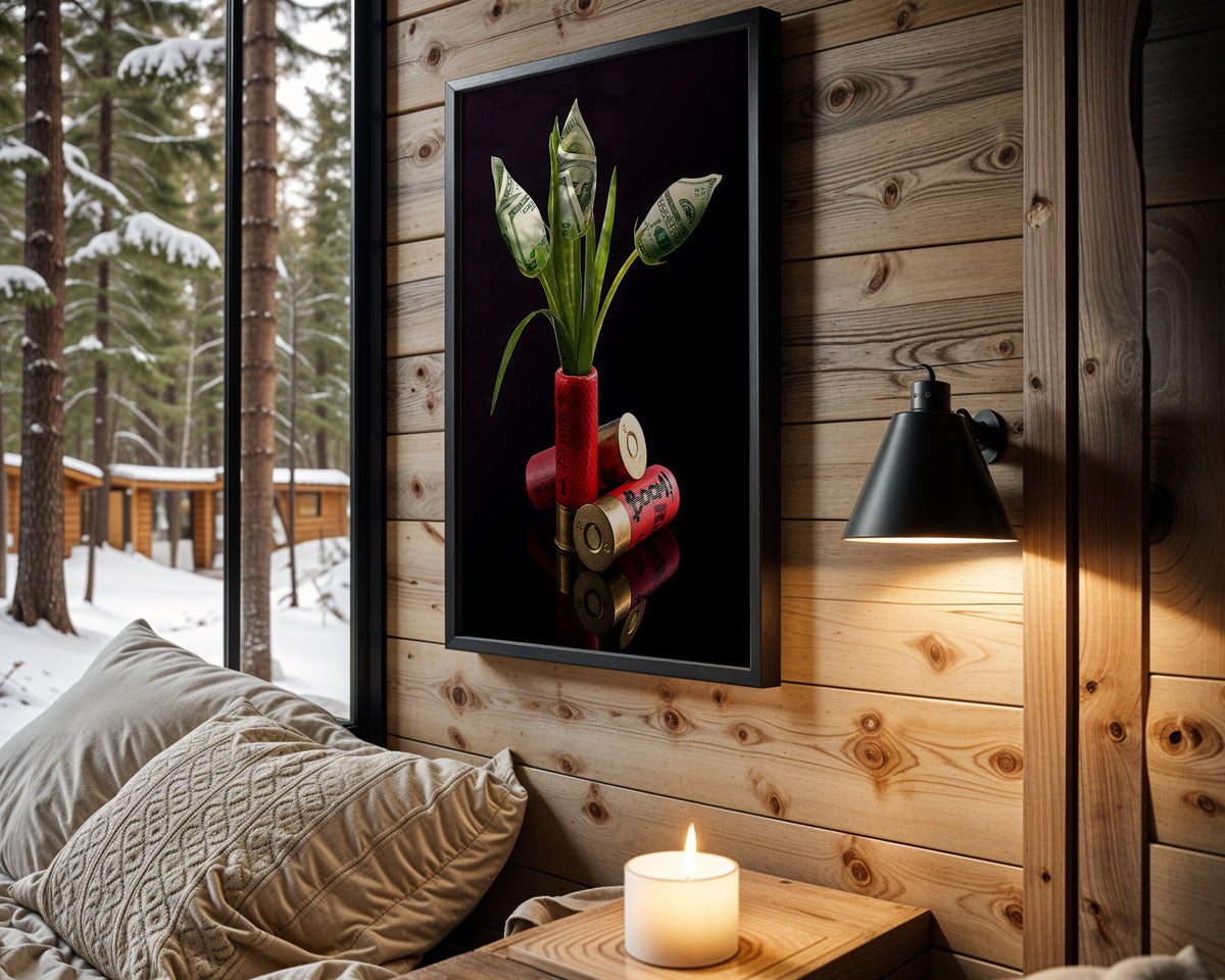 Cash Bouquet wall art in cabin interior