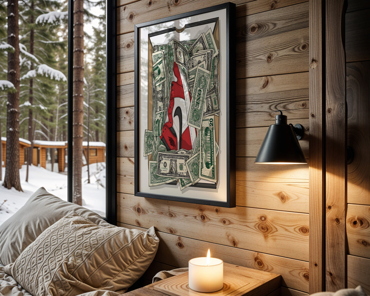 Cash Kicks sneaker wall art in cabin interior