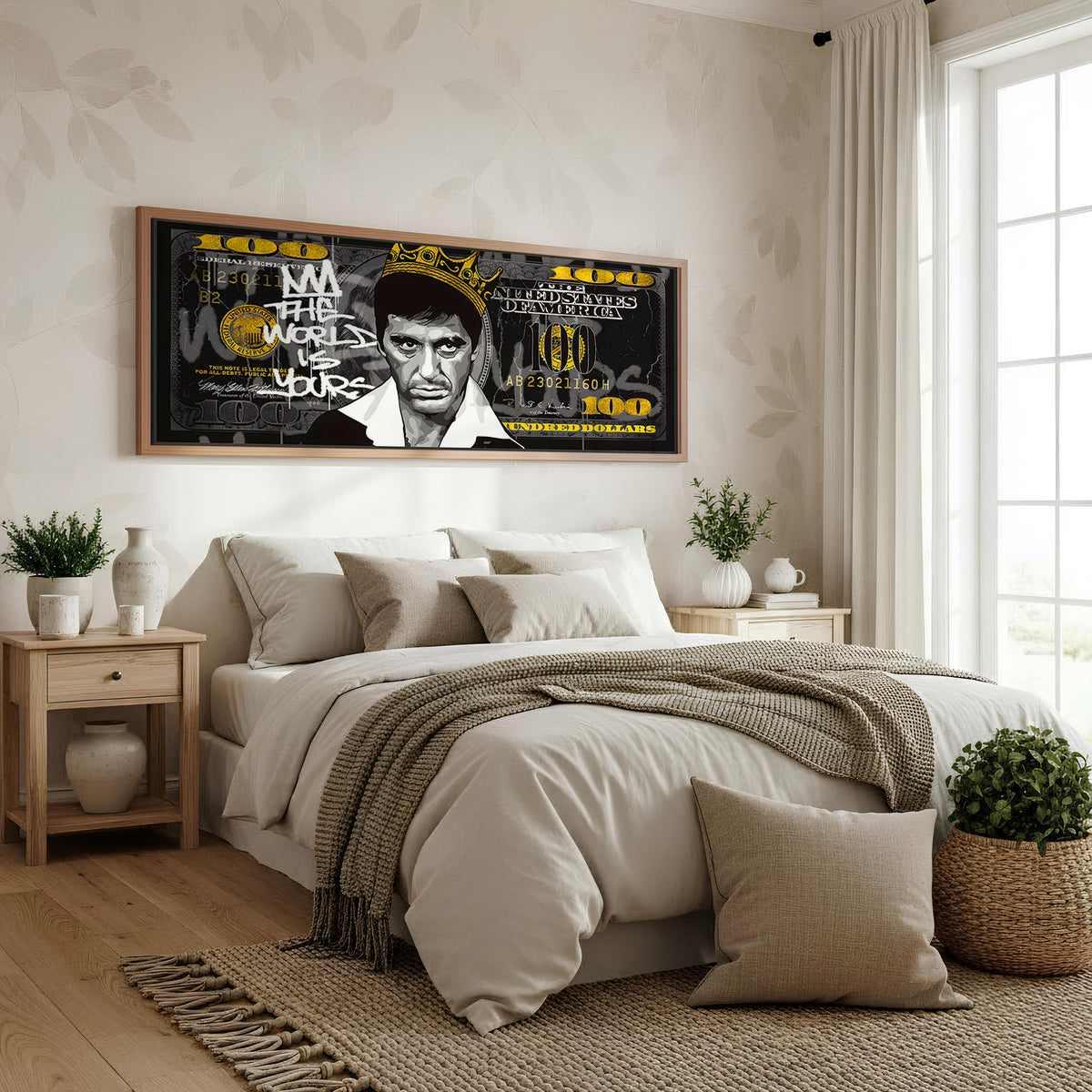 Cash King panoramic wall art shown in a bedroom
