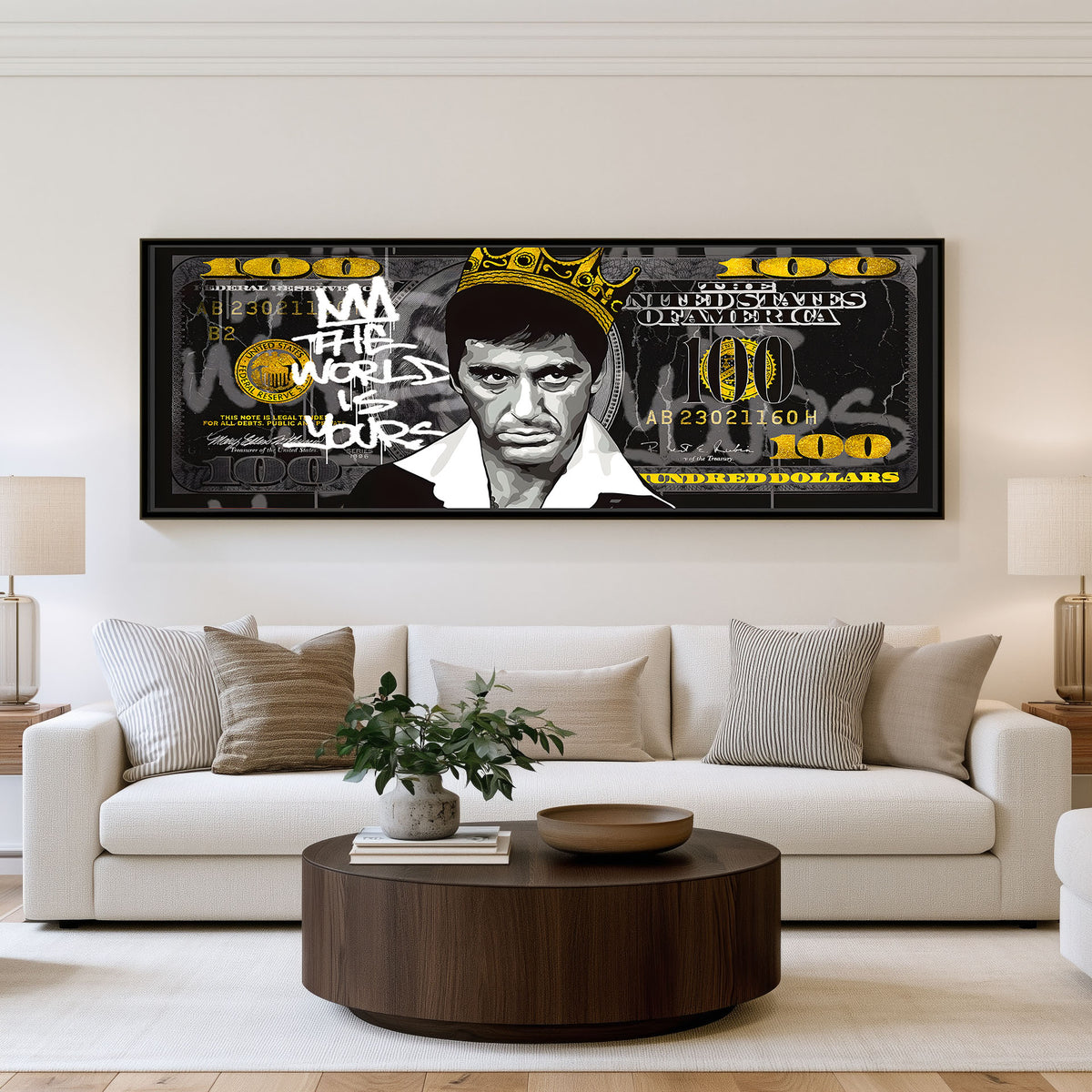Cash King panoramic wall art shown in a living room