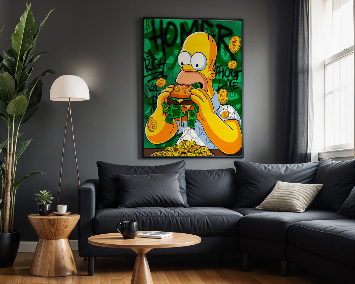 Homer Burger Money wall art – framed room view
