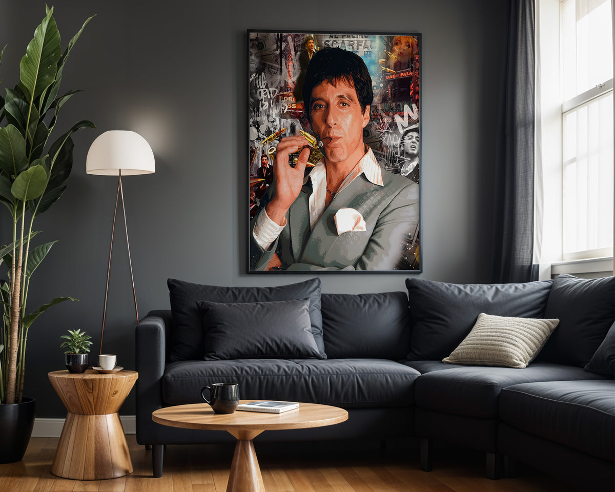 Tony Montana Cigar Club wall art – framed room view