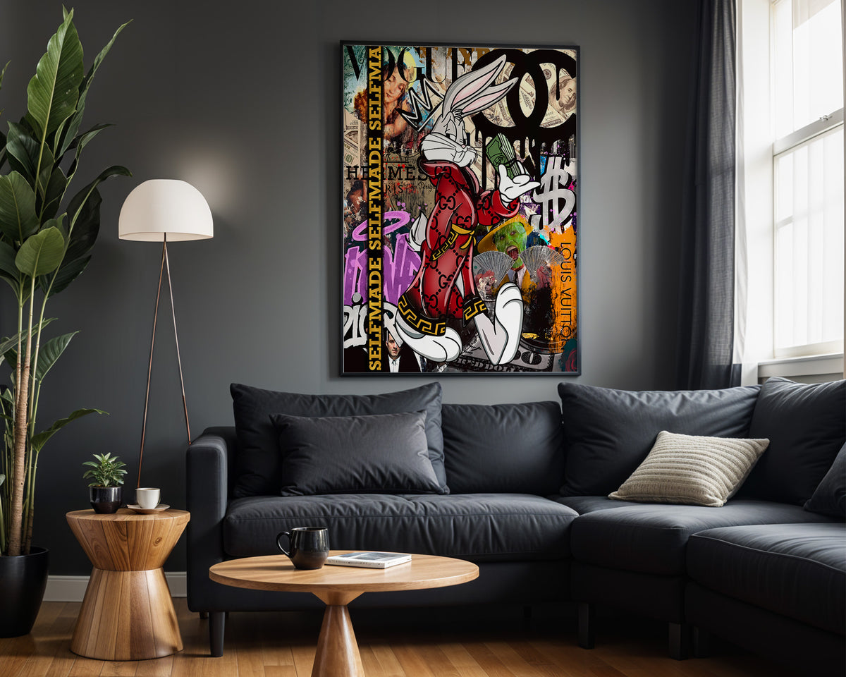 Bugs Designer Money wall art – framed room view