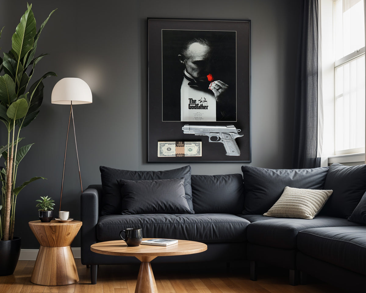 Godfather Cash & Chrome wall art – framed room view