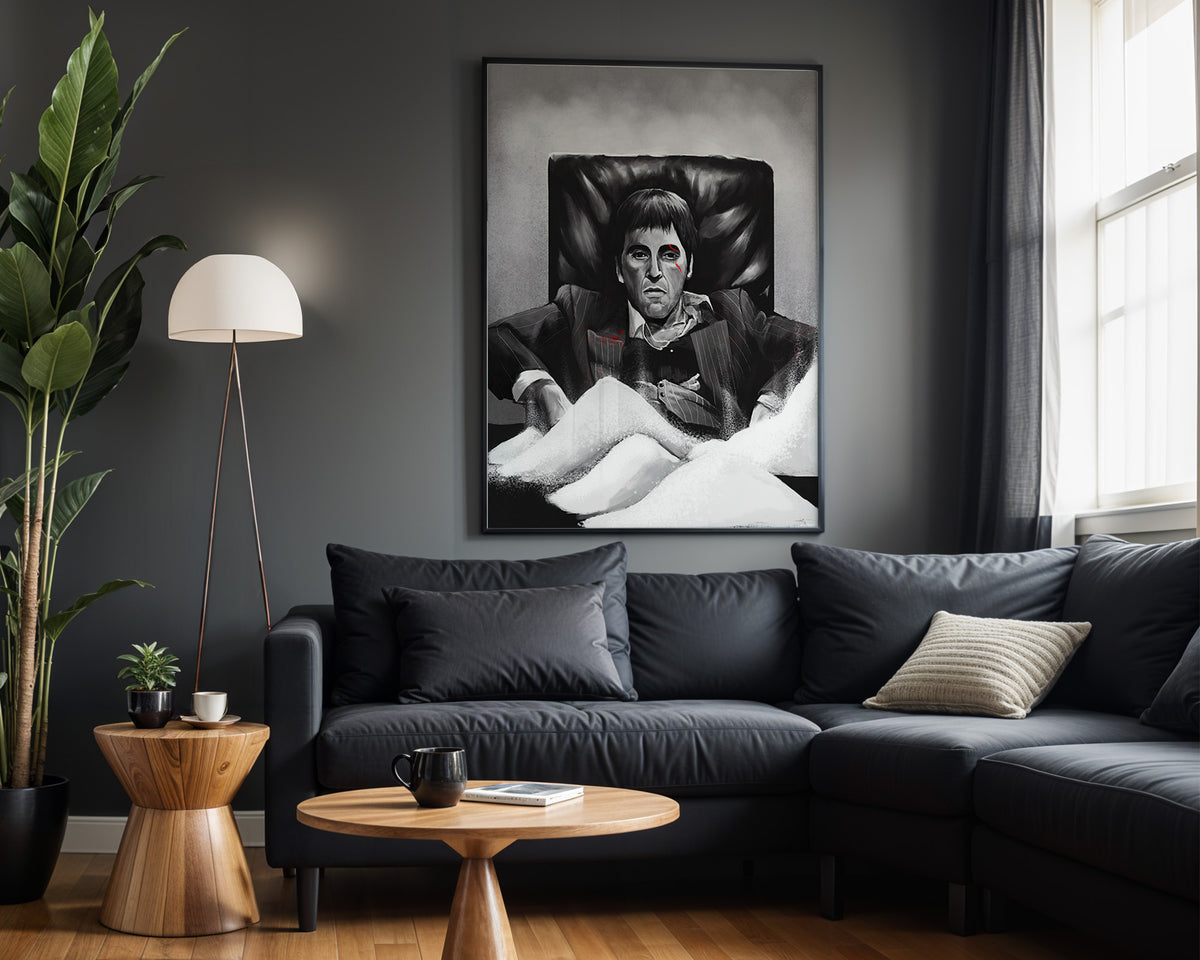 Tony Montana Black Throne wall art – framed room view