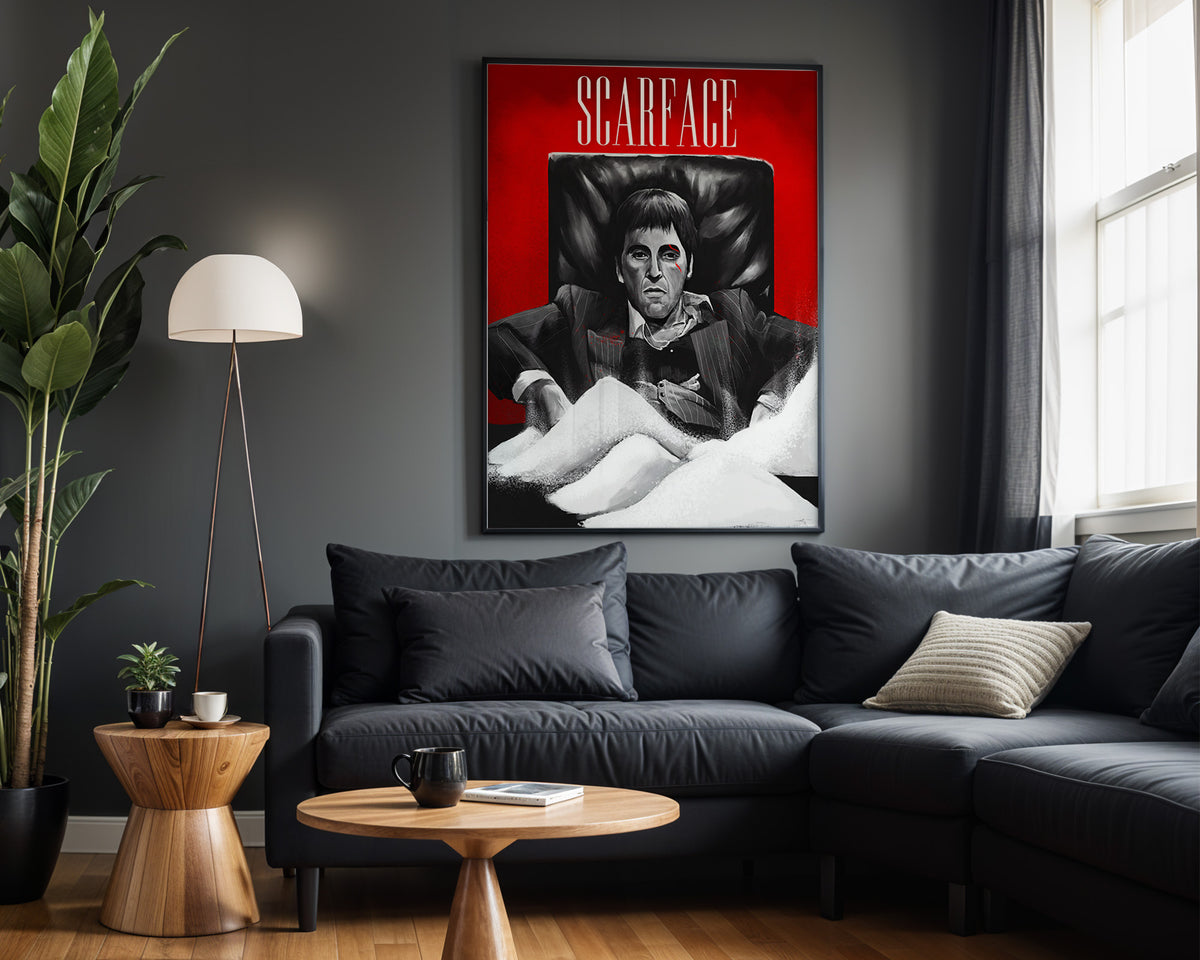 Tony Montana Red Throne wall art – framed room view